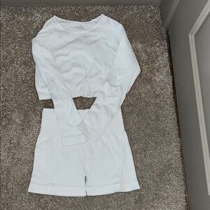 White Ribbed Long Sleeve Top and Shorts Workout Set